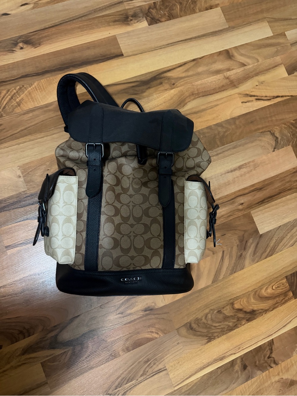 Coach Men’s Canvas Logo Backpack in Brown and Cream with Black Trim